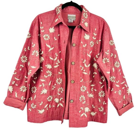 Vintage Cold Water Creek Pink Floral Cotton Button  Front Embroidered Shirt - Picture 1 of 14